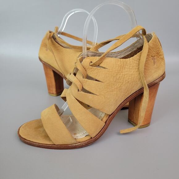 Frye Shoes - FRYE Womens Block 4" Heels Sofia Tie On Gladiator Brown Peep Toe Suede Shoe Sz 9